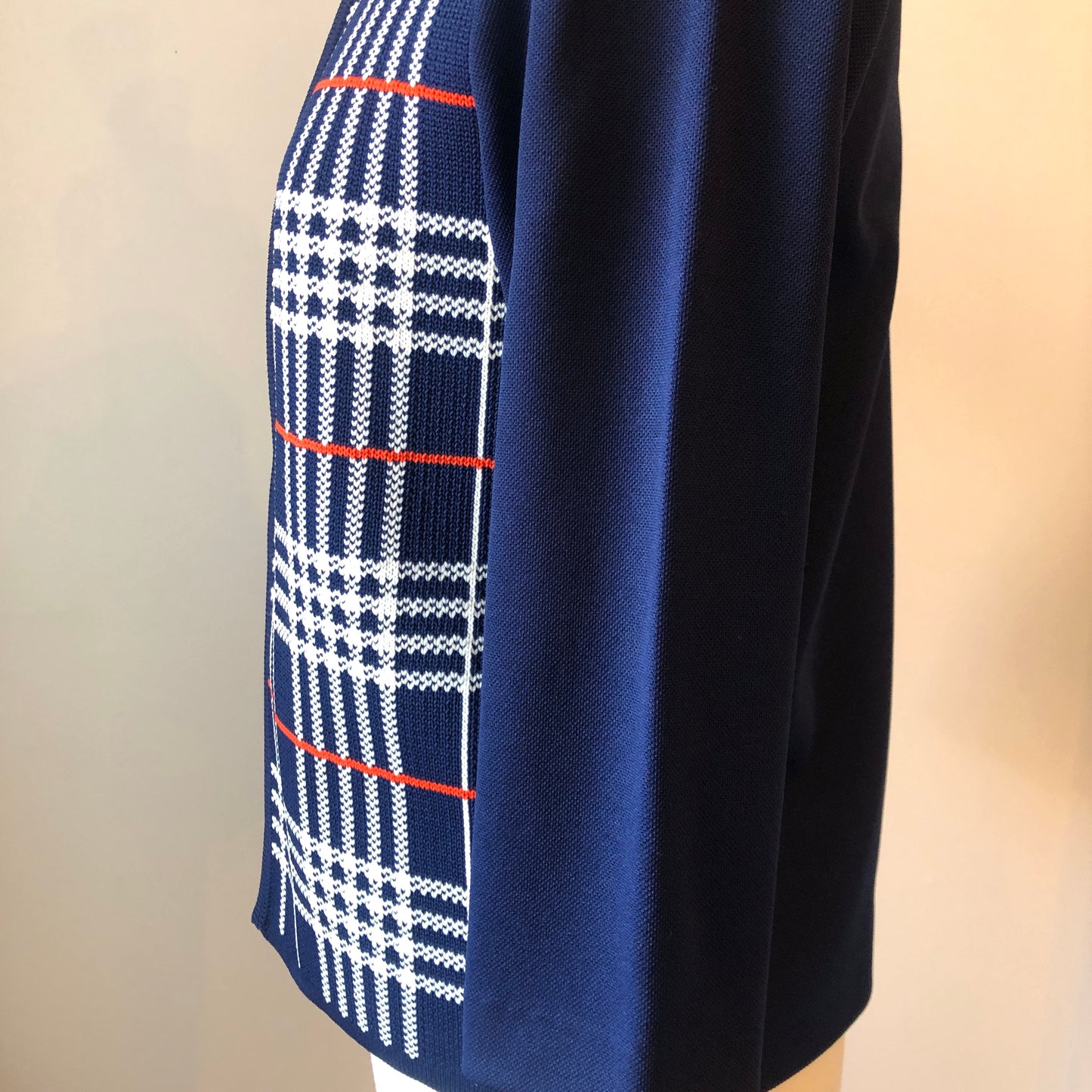 1960’s Polyester Plaid Knit Open Cardigan with Striped Angled Neck Scarf Set, Size Medium