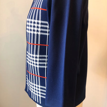 1960’s Polyester Plaid Knit Open Cardigan with Striped Angled Neck Scarf Set, Size Medium