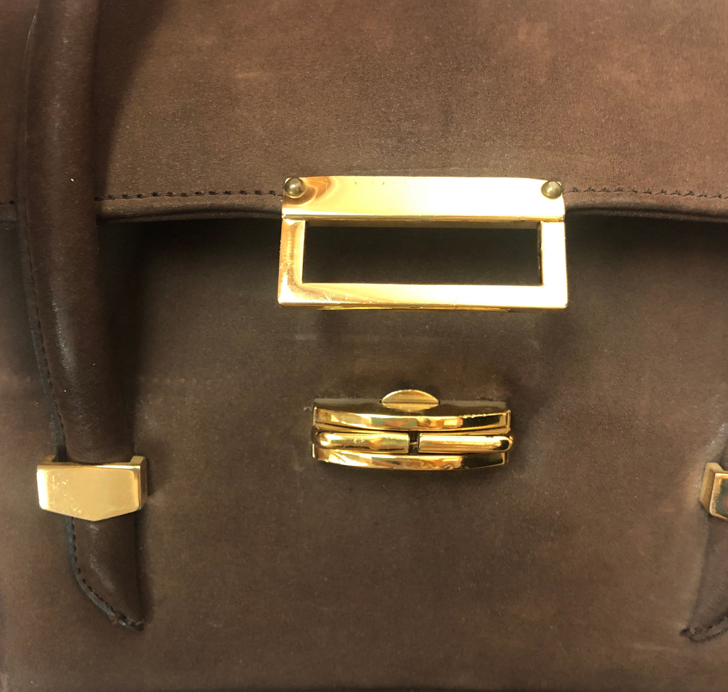 1960’s Areito Brown Suede  & Gold-tone Accordion Double Handled Box Handbag