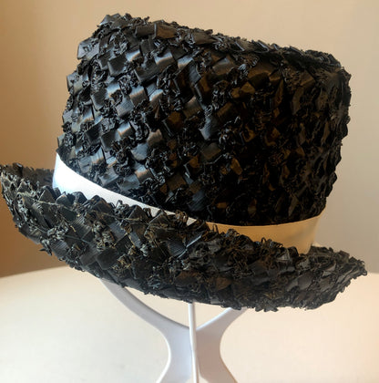 1960’s Betmar Black Straw Fedora with White Grosgrain Band & Bow, Size Small