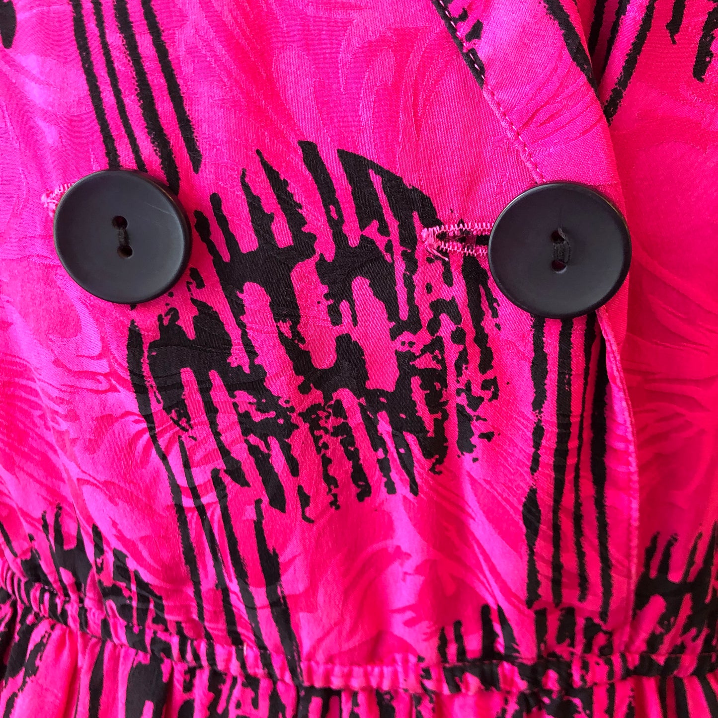 1980’s Adrianna Papell Fuschia 100% Silk Jacquard & Black Abstract Print Shirt Dress, Size 14