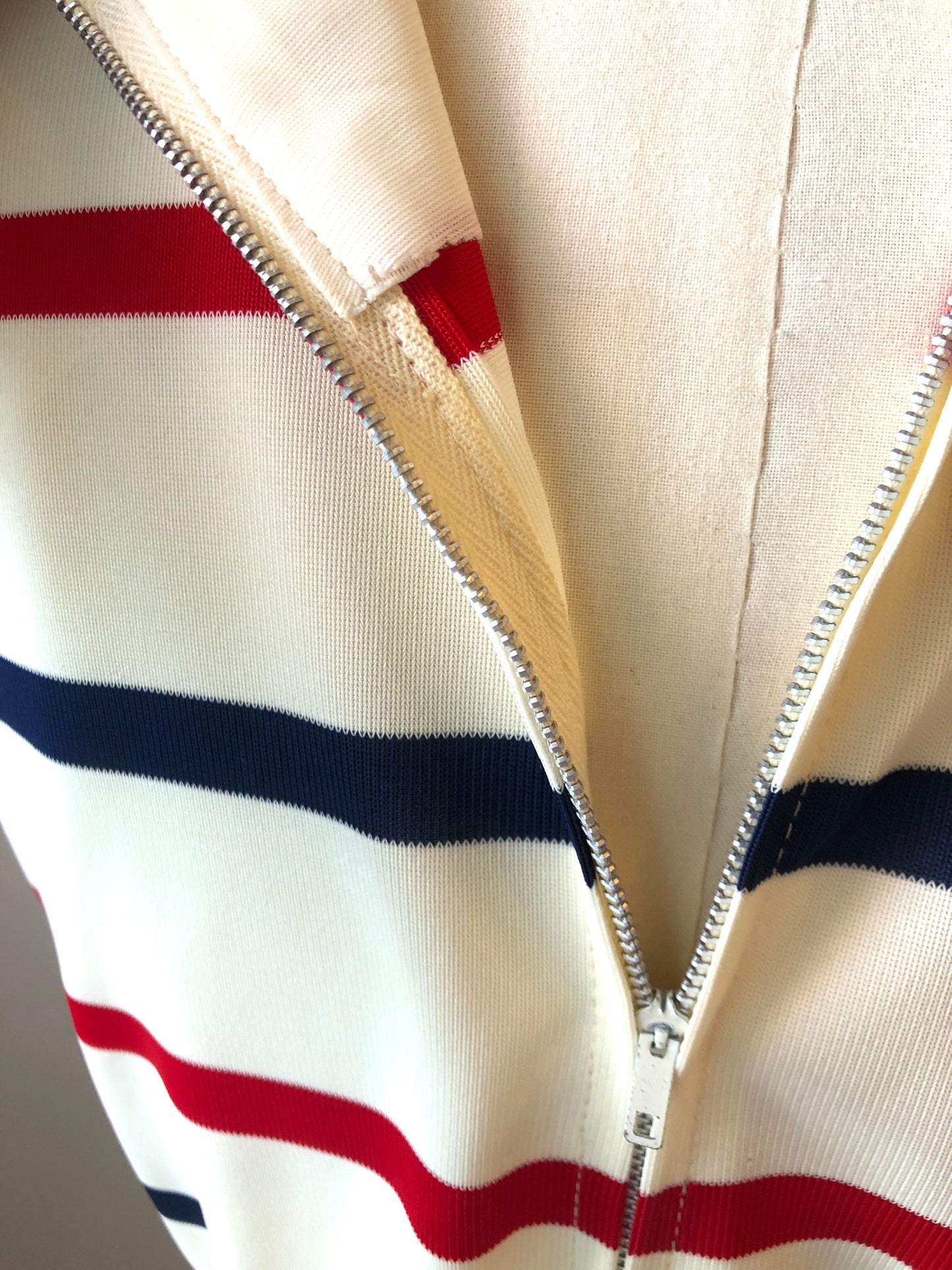 1960’s Red & Navy Striped Sheath Dress with Scarf Neckline and Fabric Belt, Size 8/10