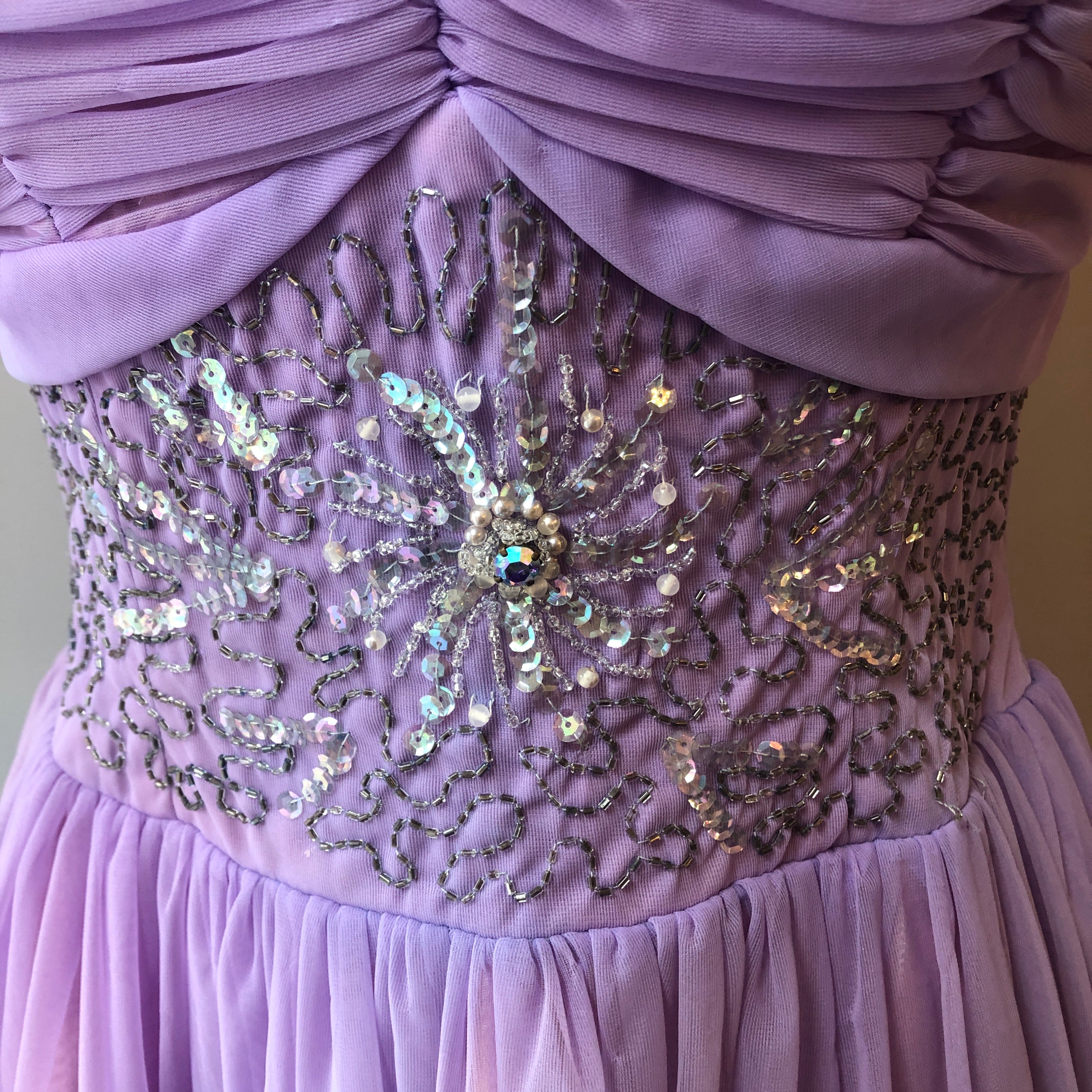1950’s Hand Sewn Beaded & Sequin Chiffon Party Dress, Size Medium