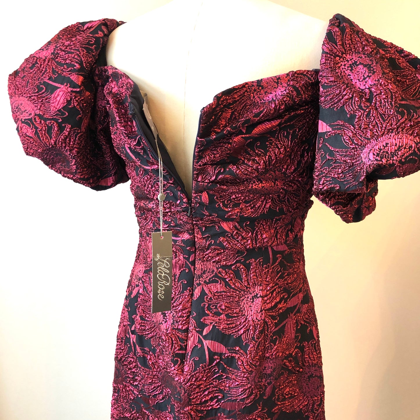 Pre-Owned NWT Lela Rose Navy & Pink Metallic Sunflower Jacquard Puff Sleeve Sheath Dress , Size 12