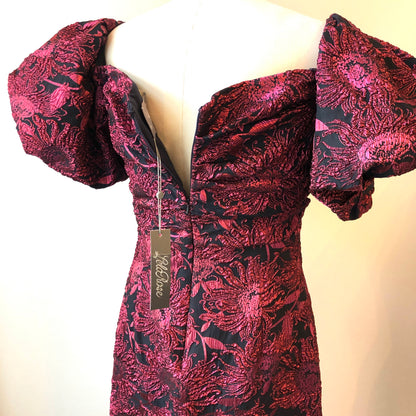 Pre-Owned NWT Lela Rose Navy & Pink Metallic Sunflower Jacquard Puff Sleeve Sheath Dress , Size 12