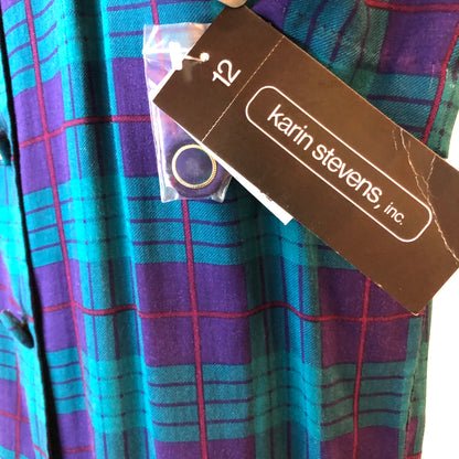 1980’s Deadstock Karin Stevens Plaid Rayon Fitted Shirt Dress with Belt, Size 12