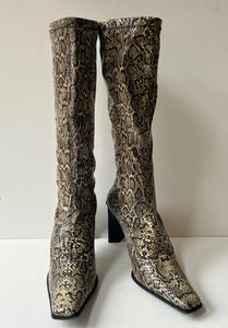 Bebe Brown/Cream Reptile Print Tall Boots, Size: 7.5