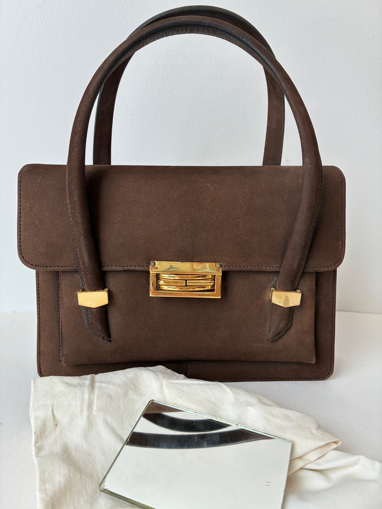 1960’s Areito Brown Suede  & Gold-tone Accordion Double Handled Box Handbag