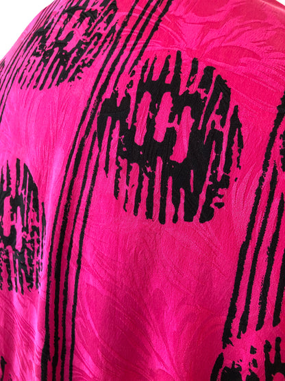 1980’s Adrianna Papell Fuschia 100% Silk Jacquard & Black Abstract Print Shirt Dress, Size 14