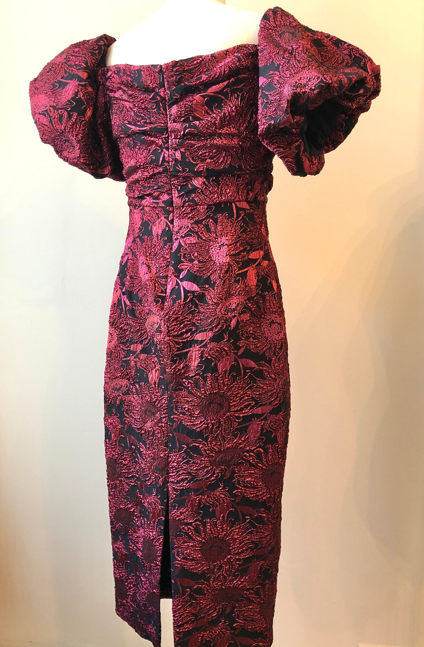Pre-Owned NWT Lela Rose Navy & Pink Metallic Sunflower Jacquard Puff Sleeve Sheath Dress , Size 12