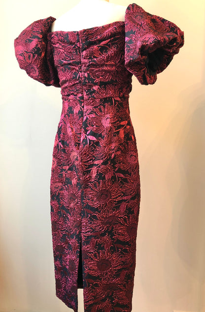 Pre-Owned NWT Lela Rose Navy & Pink Metallic Sunflower Jacquard Puff Sleeve Sheath Dress , Size 12