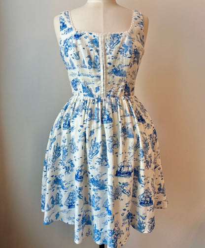 Avec Les Filles Nautical Themed Toile Print Linen Blend Fit-n-Flare Dress, Size Medium