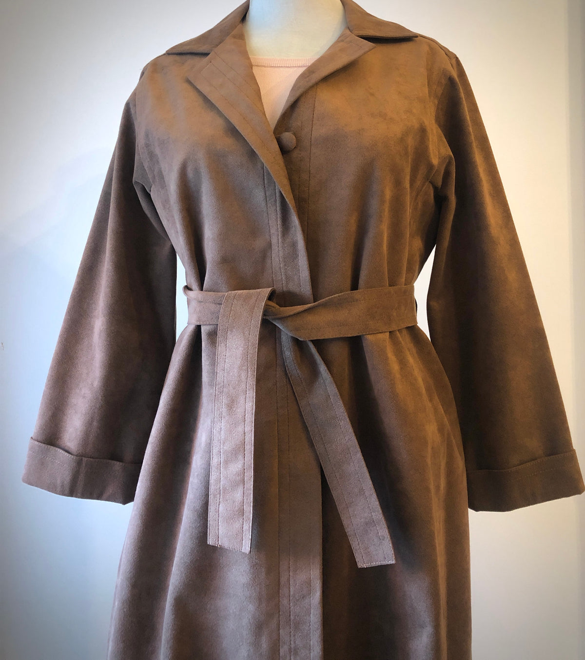 1970’s Hannelore Cocoa Brown Faux Suede Trench Coat, Size 12