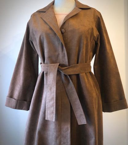 1970’s Hannelore Cocoa Brown Faux Suede Trench Coat, Size 12