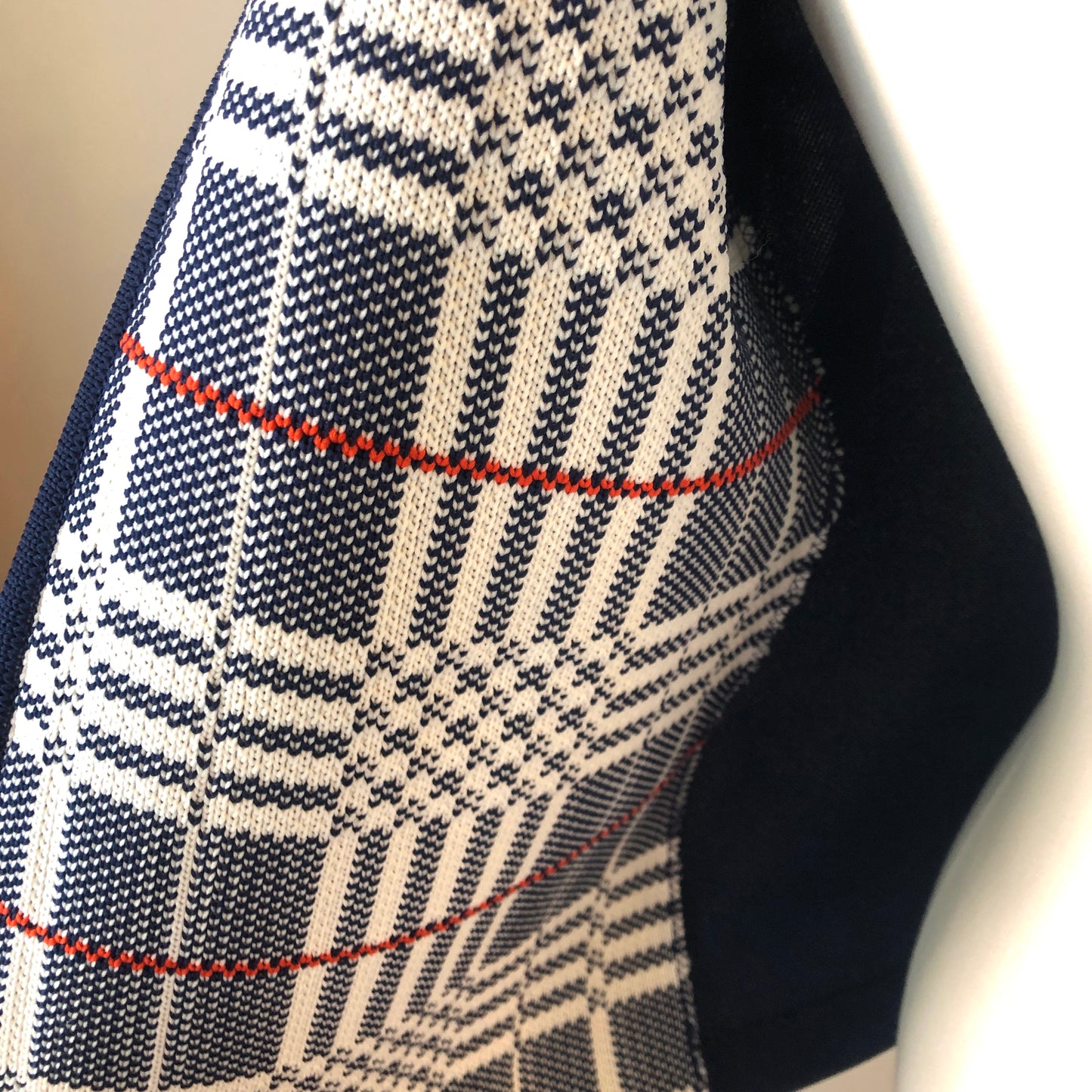 1960’s Polyester Plaid Knit Open Cardigan with Striped Angled Neck Scarf Set, Size Medium