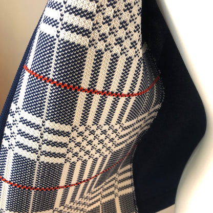 1960’s Polyester Plaid Knit Open Cardigan with Striped Angled Neck Scarf Set, Size Medium