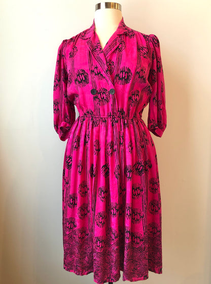1980’s Adrianna Papell Fuschia 100% Silk Jacquard & Black Abstract Print Shirt Dress, Size 14