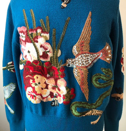 3-Shun Beaded Embroidered Bird, Snake, Floral Banded Sweater, Size Med-Large