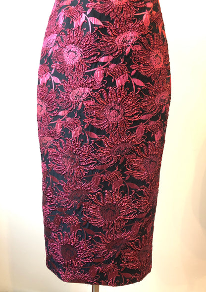 Pre-Owned NWT Lela Rose Navy & Pink Metallic Sunflower Jacquard Puff Sleeve Sheath Dress , Size 12