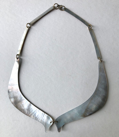 Vintage 2Pc Iridescent Mother of Pearl Split Bib Collar Necklace with Matching Drop Earrings