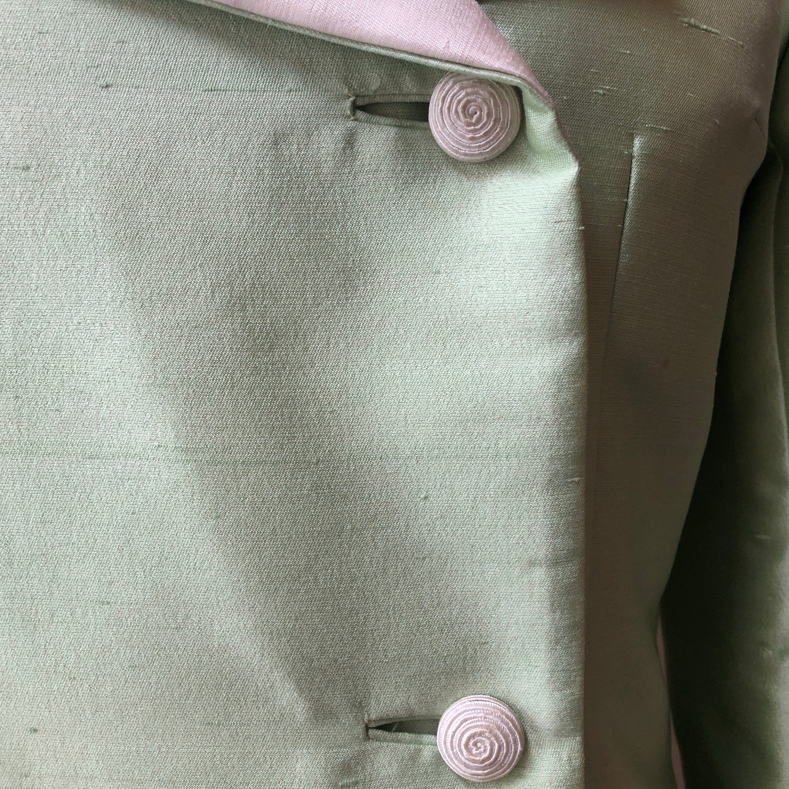 1960’s 2pc Celery & Ivory Silk Textured Coat and Dress Set, Size Large (12/14)