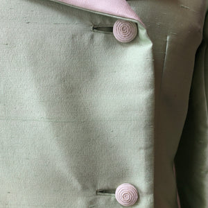 1960’s 2pc Celery & Ivory Silk Textured Coat and Dress Set, Size Large (12/14)
