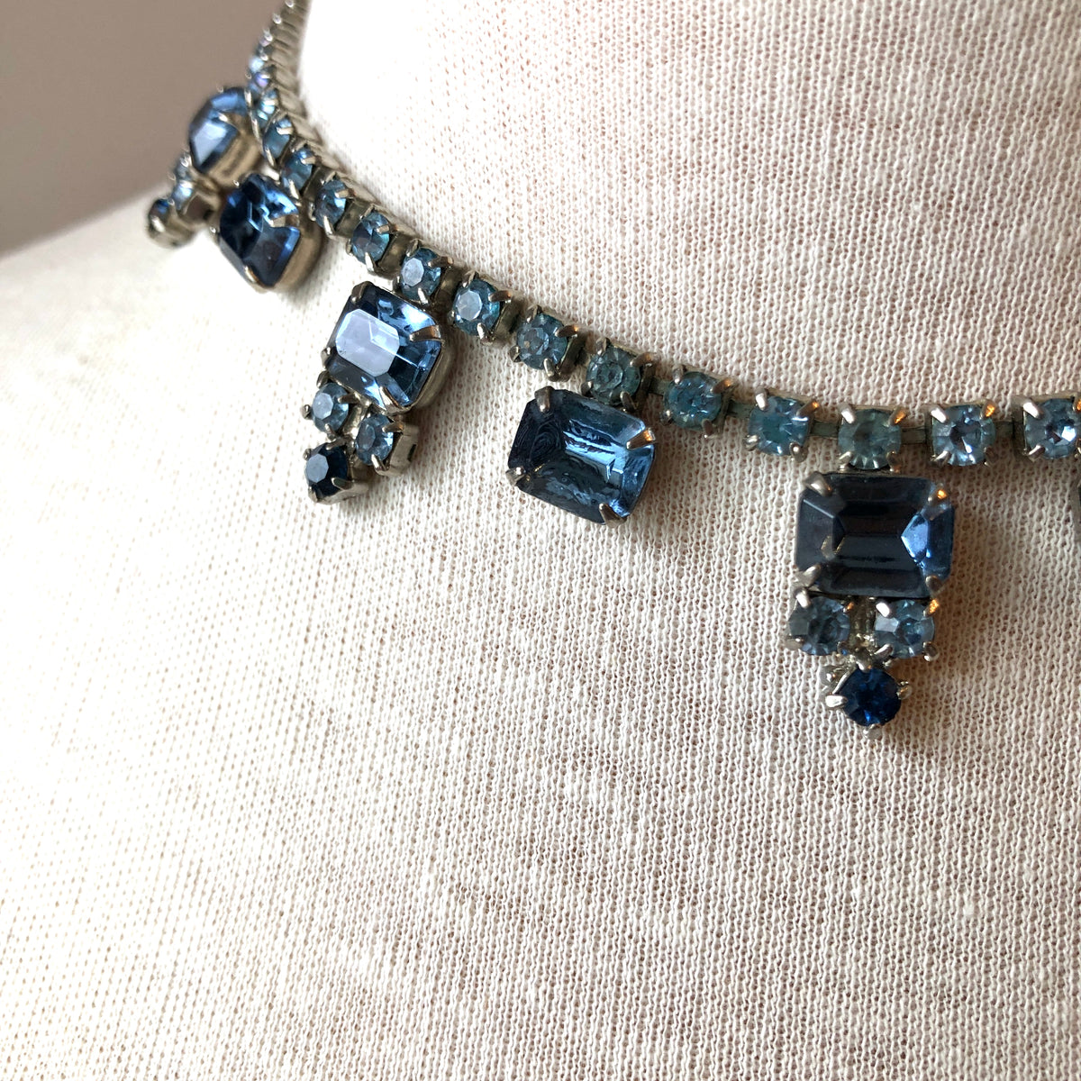 1950’s Blue Emerald and Round Cut Rhinestone Choker Necklace, 15”