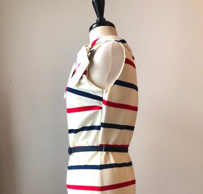 1960’s Red & Navy Striped Sheath Dress with Scarf Neckline and Fabric Belt, Size 8/10
