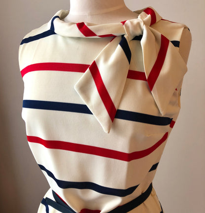 1960’s Red & Navy Striped Sheath Dress with Scarf Neckline and Fabric Belt, Size 8/10