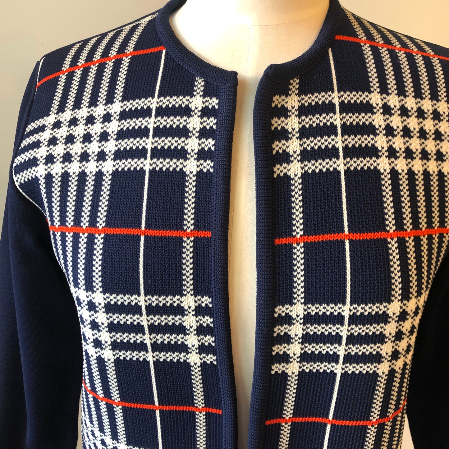 1960’s Polyester Plaid Knit Open Cardigan with Striped Angled Neck Scarf Set, Size Medium