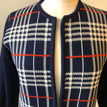 1960’s Polyester Plaid Knit Open Cardigan with Striped Angled Neck Scarf Set, Size Medium
