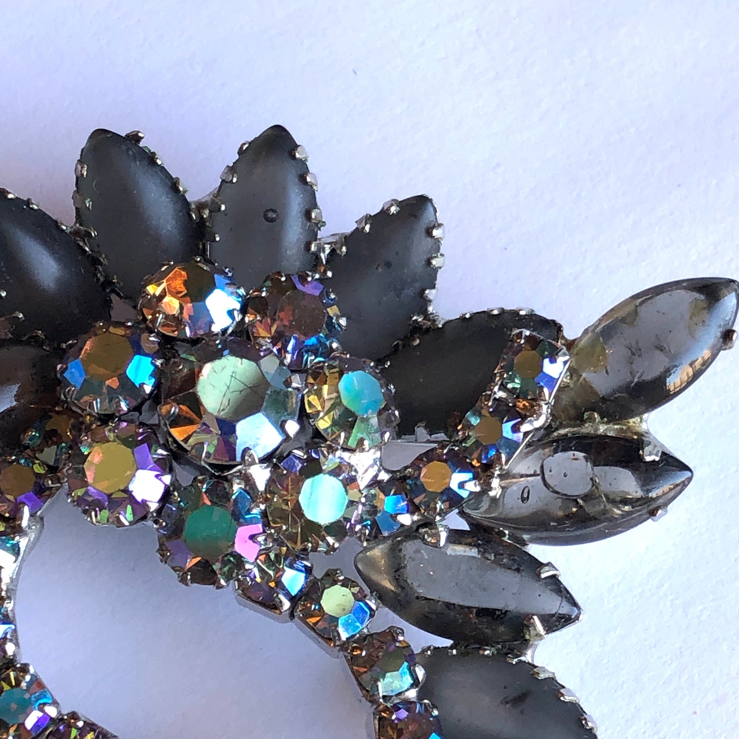 1950’s 3-Pc Smokey Glass Marquis Stone and Aurora Borealis Unsigned Juliana Style Cocktail Brooch and Clip Earring Set
