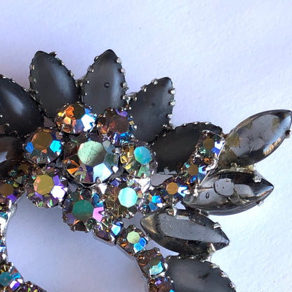 1950’s 3-Pc Smokey Glass Marquis Stone and Aurora Borealis Unsigned Juliana Style Cocktail Brooch and Clip Earring Set