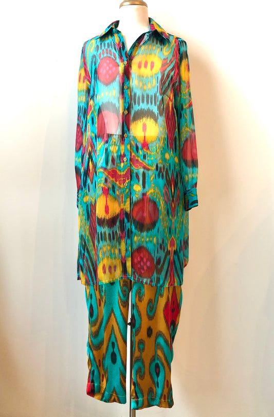 2PC Al Jazeera Tailoring Boho Sheer Tunic Blouse & Satin pant set, Size Medium - Large