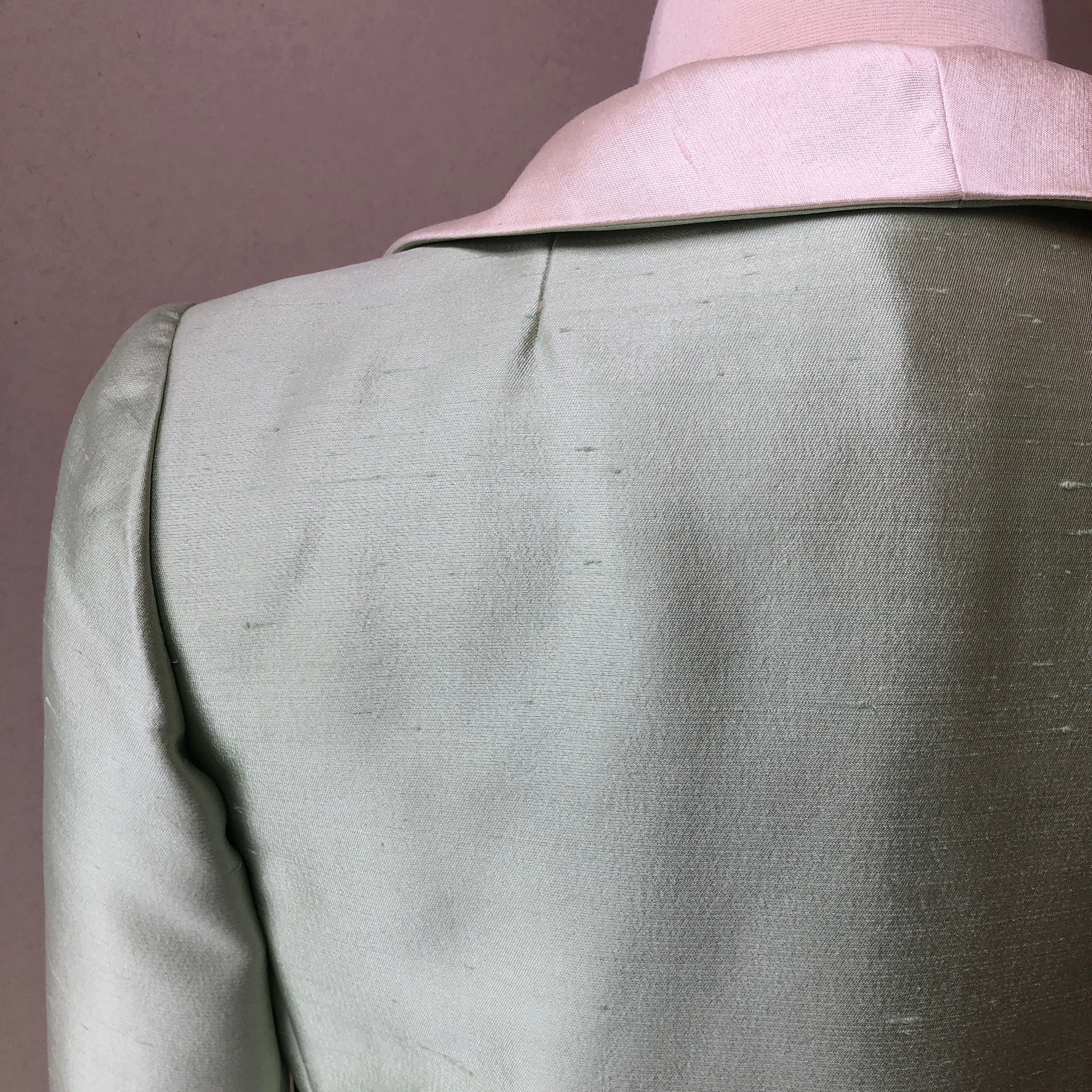 1960’s 2pc Celery & Ivory Silk Textured Coat and Dress Set, Size Large (12/14)