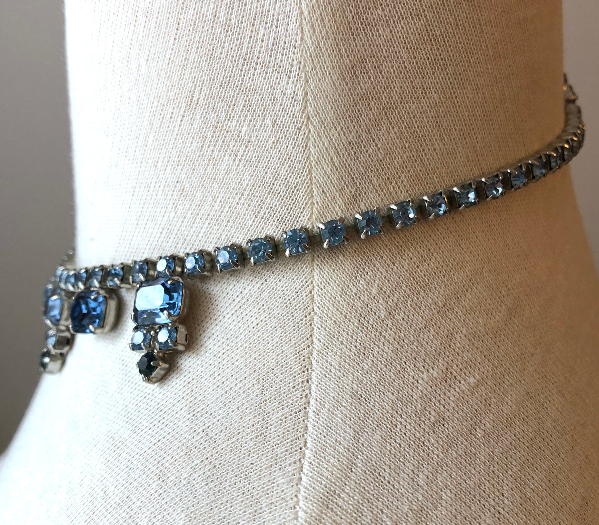 1950’s Blue Emerald and Round Cut Rhinestone Choker Necklace, 15”
