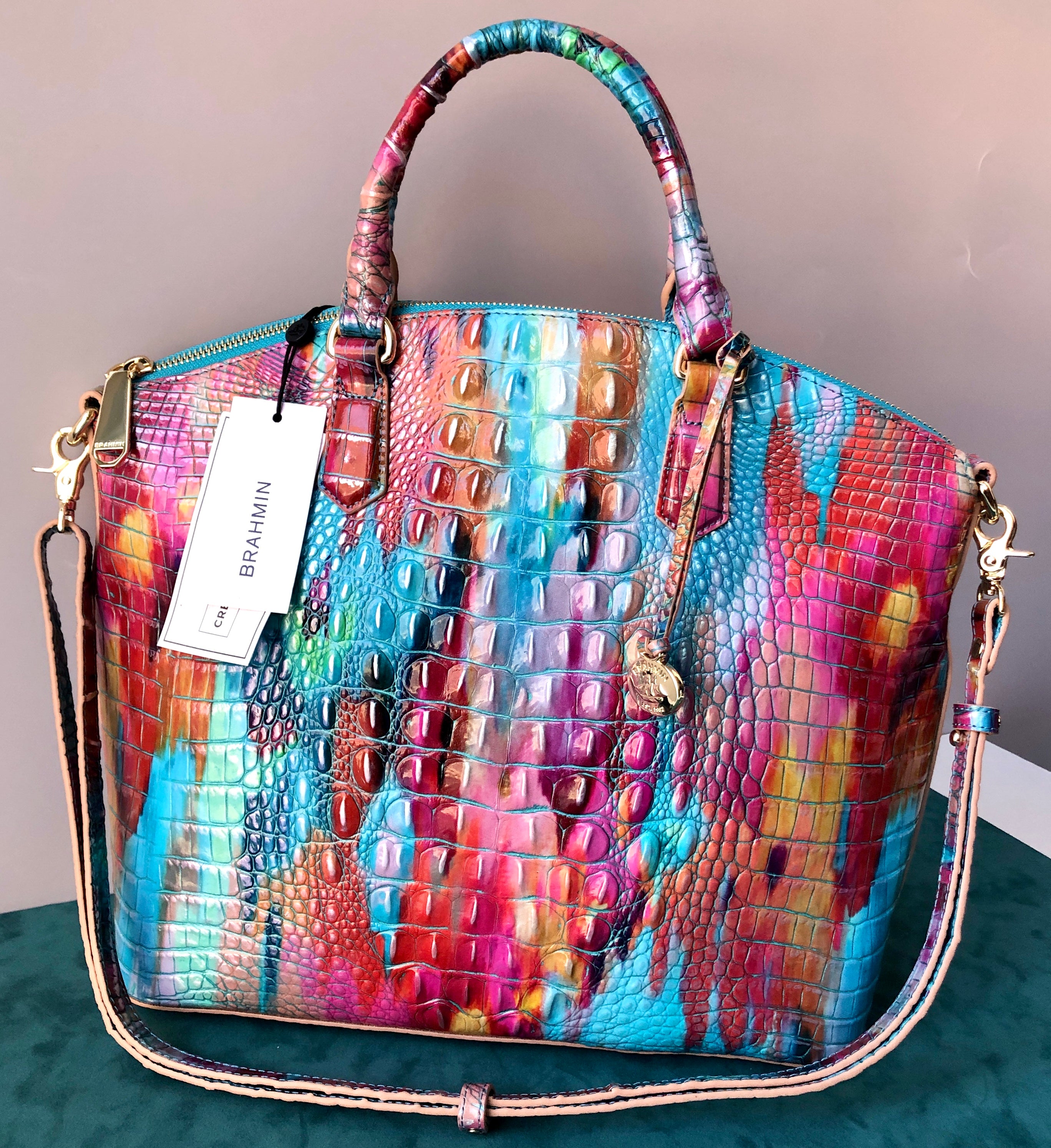 Pre-Owned NWT Brahmin Large Croc Embossed Rainbow Fanciful Melbourne Large Duxbury Satchel