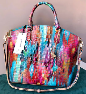 Pre-Owned NWT Brahmin Large Croc Embossed Rainbow Fanciful Melbourne Large Duxbury Satchel