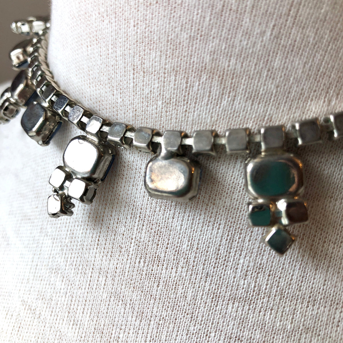 1950’s Blue Emerald and Round Cut Rhinestone Choker Necklace, 15”
