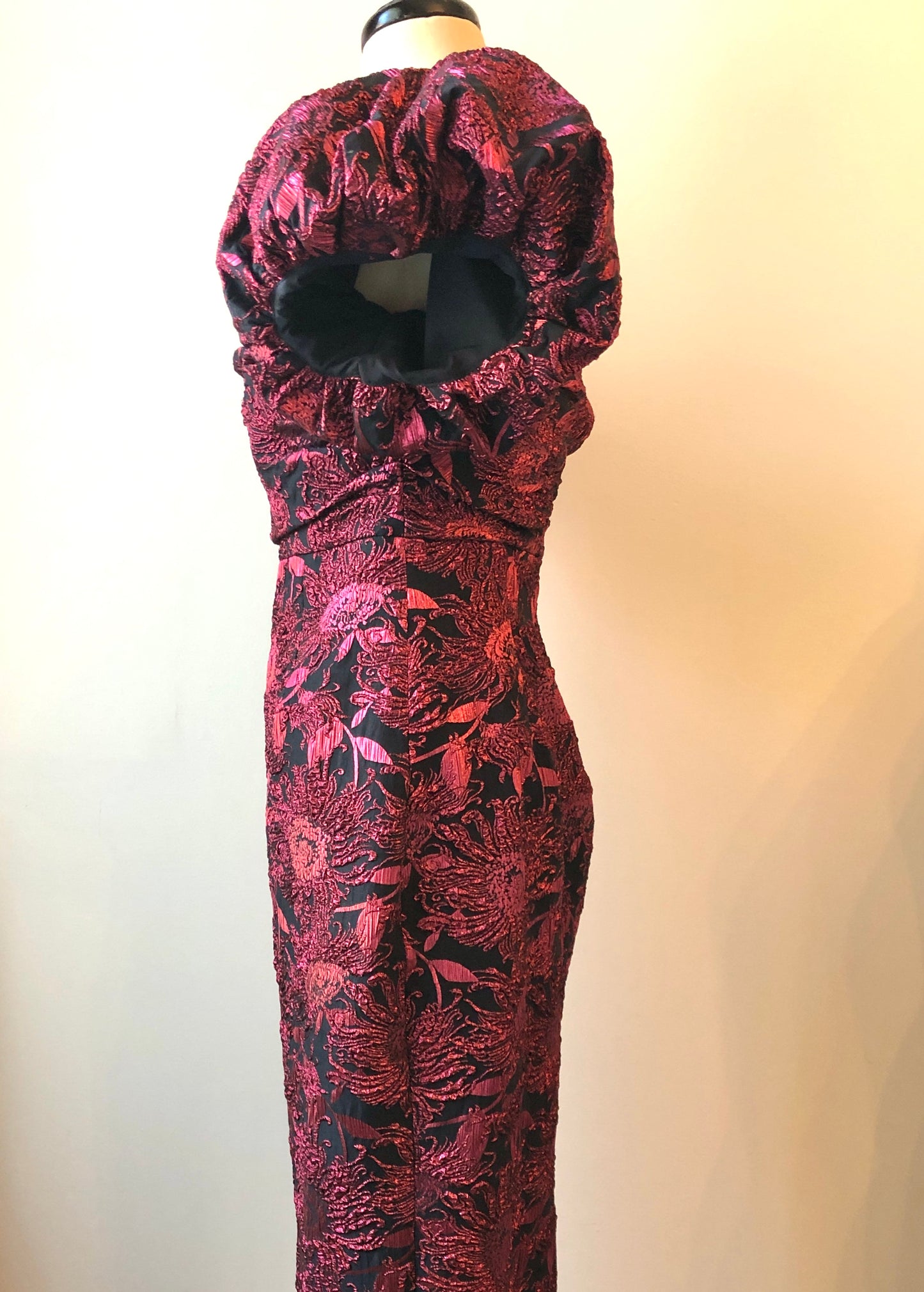 Pre-Owned NWT Lela Rose Navy & Pink Metallic Sunflower Jacquard Puff Sleeve Sheath Dress , Size 12