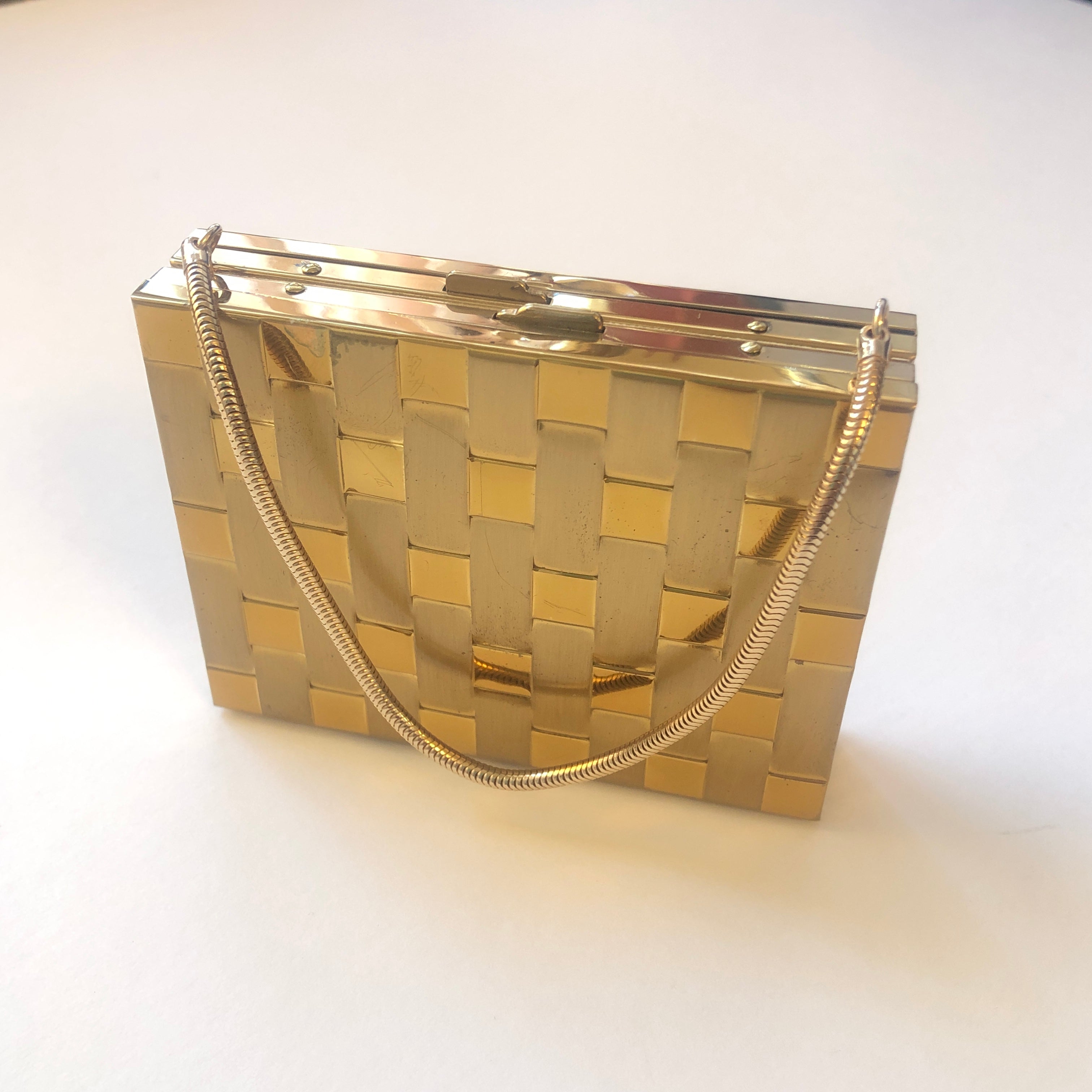 1950’s Woven Gold Tone Metal Combination Compact Cosmetic & Cigarette Case with Chain Handle