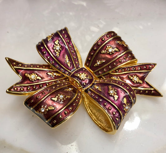 Vintage Signed Joan Rivers Enamel on Carved Metal Ribbon Brooch