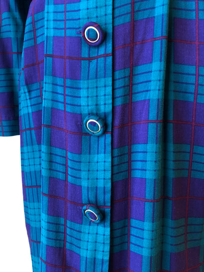 1980’s Deadstock Karin Stevens Plaid Rayon Fitted Shirt Dress with Belt, Size 12