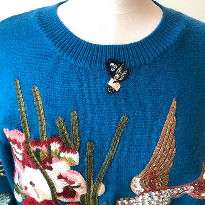 3-Shun Beaded Embroidered Bird, Snake, Floral Banded Sweater, Size Med-Large
