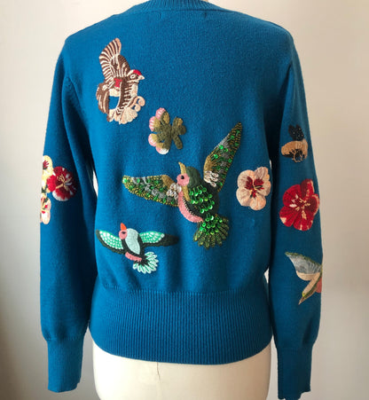 3-Shun Beaded Embroidered Bird, Snake, Floral Banded Sweater, Size Med-Large