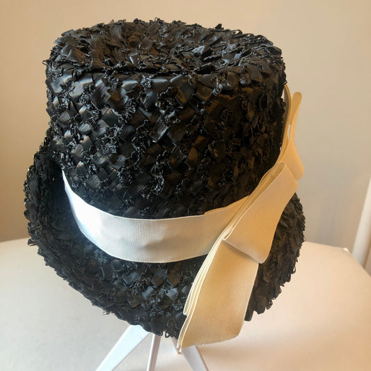1960’s Betmar Black Straw Fedora with White Grosgrain Band & Bow, Size Small