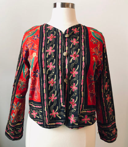 Vintage Passports Artisan Embroidered Elephant/Bird 100% Cotton Cropped Jacket, Size Large