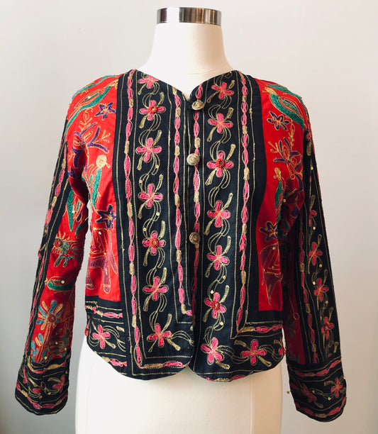 Vintage Passports Artisan Embroidered Elephant/Bird 100% Cotton Cropped Jacket, Size Large