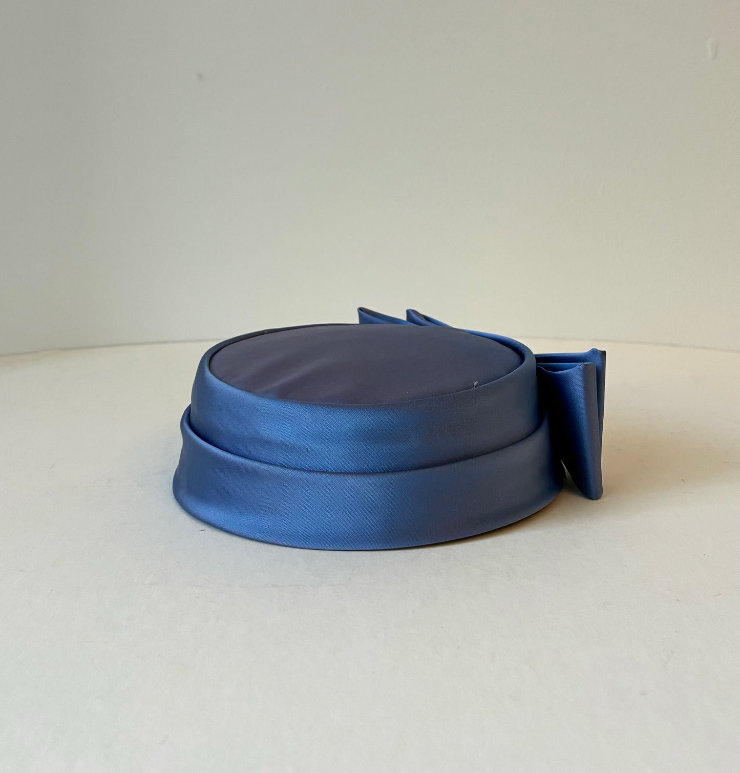 1950’s Blue Satin Pillbox Hat with Bow with Hat Box, Size Small