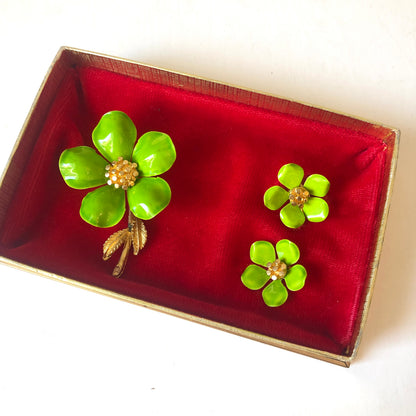 Mid Century Lime Green Enamel on Metal Floral Brooch & Clip Earring Set